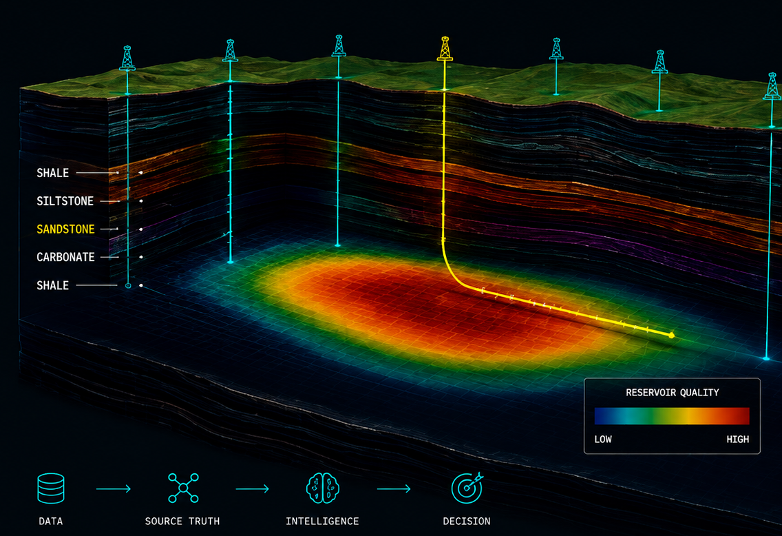 Oil and gas subsurface analytics visualization showing wells, reservoir quality and the path from data through source truth and intelligence to decision